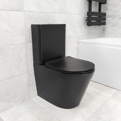 Angel Rimless Close Coupled Fully Back To Wall Toilet & Soft Close Seat - Black