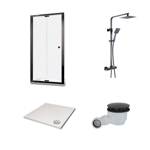 6mm Black Bi-Fold Door Bundle Including Enclosure, Tray, Shower & Waste
