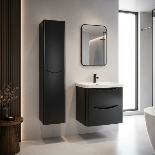 Boston Wall Hung Suite - Includes Vanity Unit, Tall Cupboard, Mirror, Tap & Waste - Matt Black
