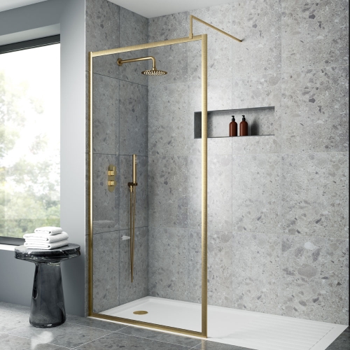 1100mm Full Outer Frame Wetroom Screen - Brushed Brass - V-WETFRBB1811