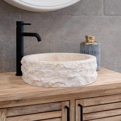 Cali Carved Natural Stone Basin  - 40x40x15cm - Ivory